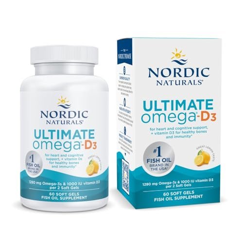 Nordic Naturals Ultimate Omega-D3, Zitronengeschmack - 60 Weichkapseln - 1280 mg Omega-3 + 1000 IE Vitamin D3 - EPA & DHA - Unterstützt Gehirn-, Herz- & Immunsystem-Gesundheit - 30 Portionen