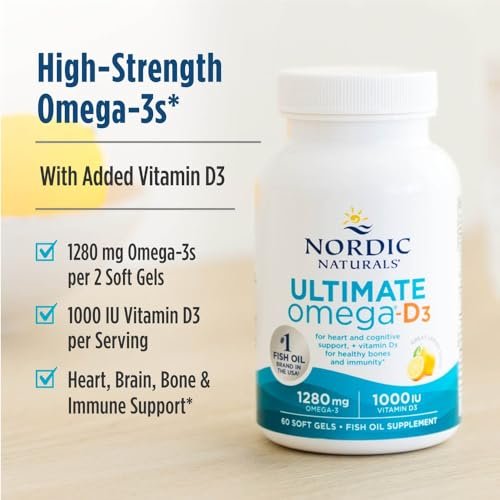 Nordic Naturals Ultimate Omega-D3, Zitronengeschmack - 60 Weichkapseln - 1280 mg Omega-3 + 1000 IE Vitamin D3 - EPA & DHA - Unterstützt Gehirn-, Herz- & Immunsystem-Gesundheit - 30 Portionen