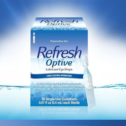 Refresh Optive Befeuchtende Augentropfen für trockene Augen, Konservierungsmittelfrei, 0,01 Fl Oz Einzeldosisbehälter, 30 Stück