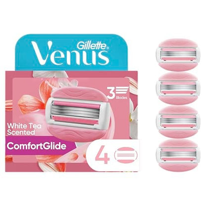 Gillette Venus ComfortGlide White Tea Damen Rasierer Nachfüllkartuschen, 4 Ersatzklingen, passend für Venus Rasierergriffe, 3-Klingen mit integrierten Rasiergel-Streifen