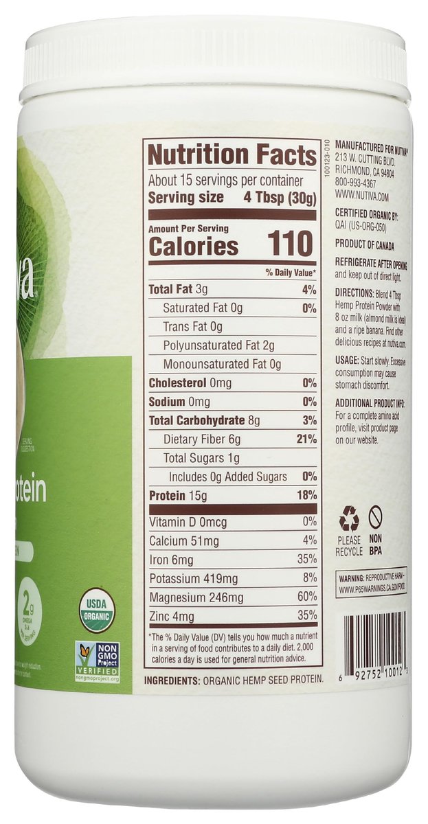 Nutiva Bio Hanfproteinpulver, kaltgepresst, roh, 453 g - USDA Bio, Nicht-GVO, Whole 30 Approved, Vegan, Glutenfrei & Keto, Pflanzliches Protein mit essentiellen Aminosäuren