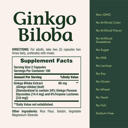 Nature's Bounty Ginkgo Biloba 60 mg – 200 Kapseln zur Unterstützung der Gehirnfunktion, pflanzliches Nahrungsergänzungsmittel