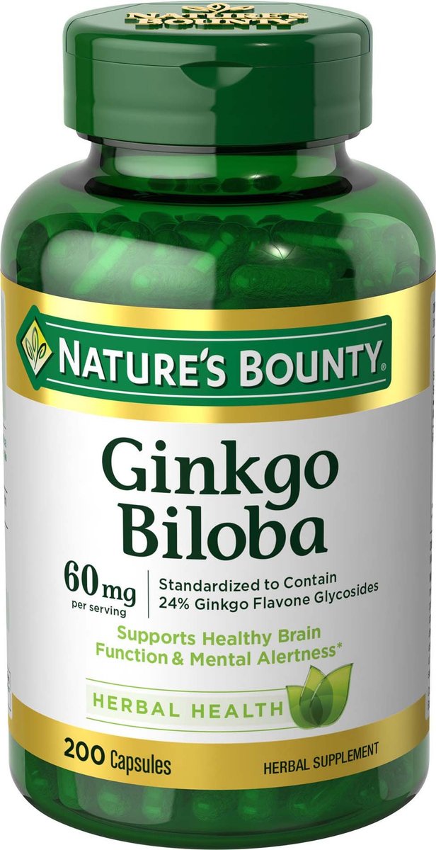 Nature's Bounty Ginkgo Biloba 60 mg – 200 Kapseln zur Unterstützung der Gehirnfunktion, pflanzliches Nahrungsergänzungsmittel