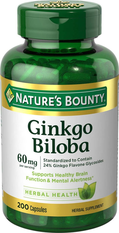 Nature's Bounty Ginkgo Biloba 60 mg – 200 Kapseln zur Unterstützung der Gehirnfunktion, pflanzliches Nahrungsergänzungsmittel