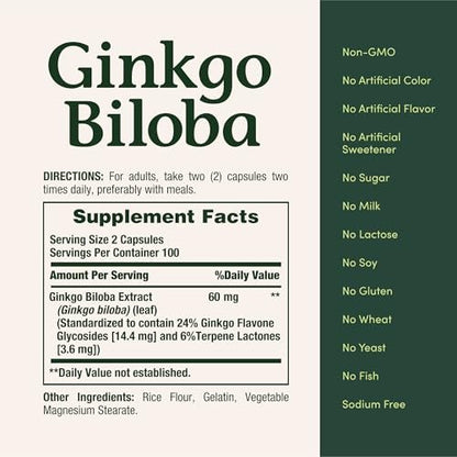 Nature's Bounty Ginkgo Biloba 60 mg – 200 Kapseln zur Unterstützung der Gehirnfunktion, pflanzliches Nahrungsergänzungsmittel