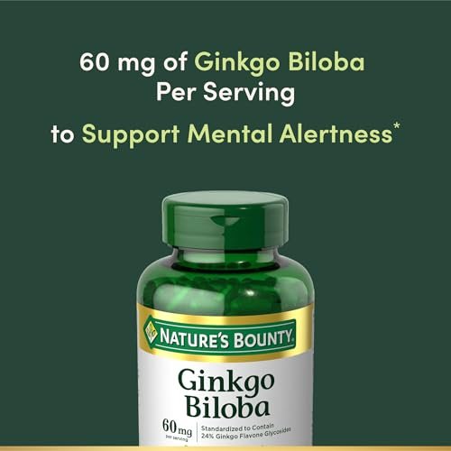 Nature's Bounty Ginkgo Biloba 60 mg – 200 Kapseln zur Unterstützung der Gehirnfunktion, pflanzliches Nahrungsergänzungsmittel