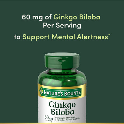 Nature's Bounty Ginkgo Biloba 60 mg – 200 Kapseln zur Unterstützung der Gehirnfunktion, pflanzliches Nahrungsergänzungsmittel