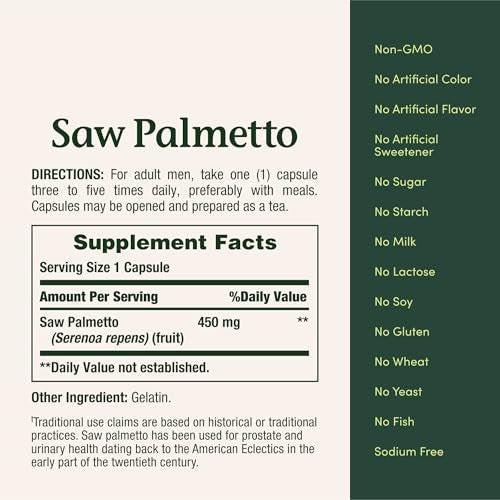 Nature's Bounty Sägepalme 450 mg, 100 Kapseln – Herbal Health Supplement für Prostata- und Harnwegsgesundheit