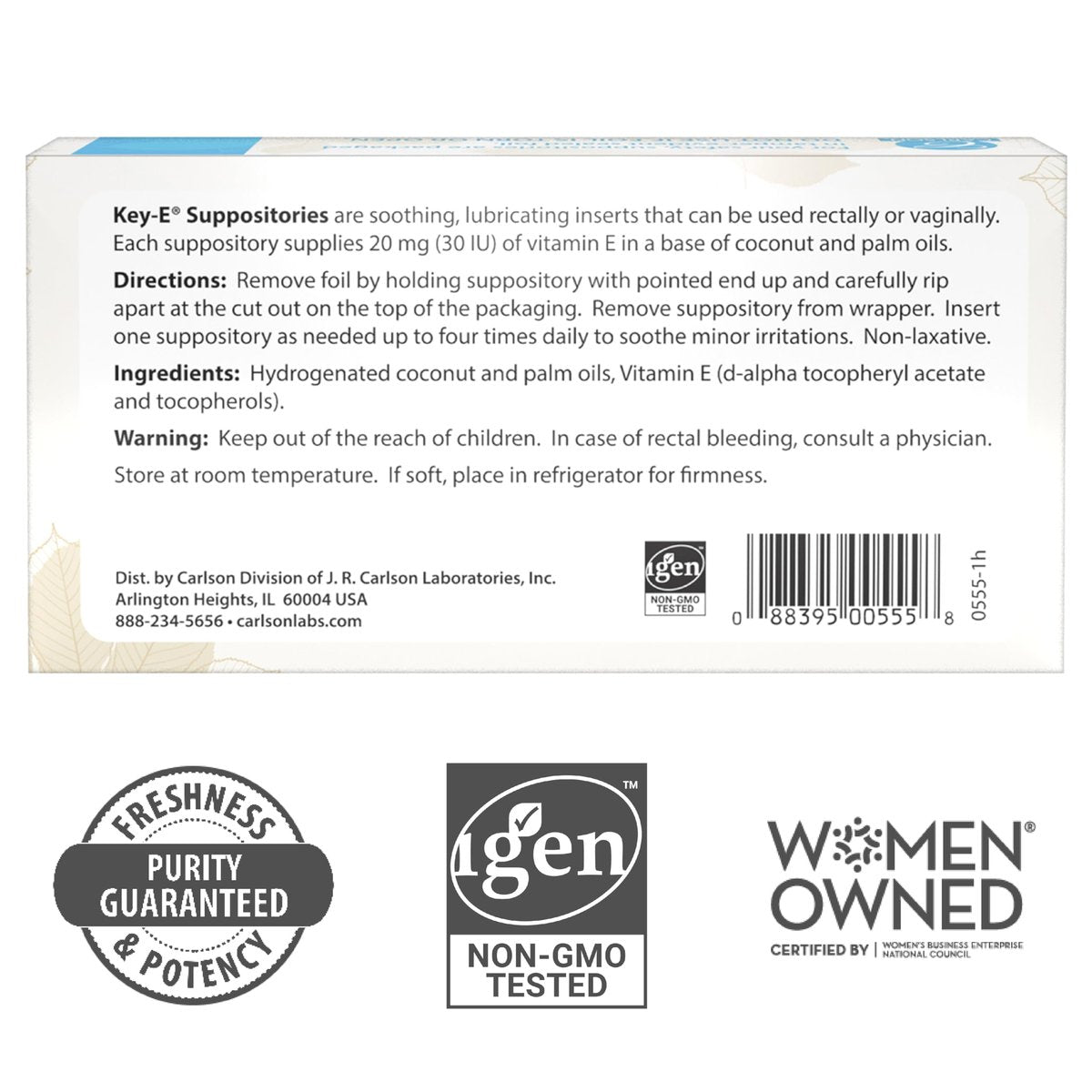 Carlson Key-E Zäpfchen, 30 IE Vitamin E, befeuchtet trockene Stellen, für Frauen und Männer, vaginal & rektal, 12 Stück