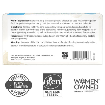 Carlson Key-E Zäpfchen, 30 IE Vitamin E, befeuchtet trockene Stellen, für Frauen und Männer, vaginal & rektal, 12 Stück
