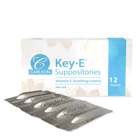 Carlson Key-E Zäpfchen, 30 IE Vitamin E, befeuchtet trockene Stellen, für Frauen und Männer, vaginal & rektal, 12 Stück