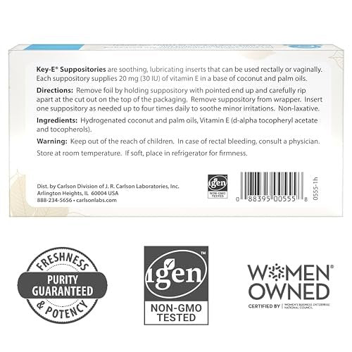 Carlson Key-E Zäpfchen, 30 IE Vitamin E, befeuchtet trockene Stellen, für Frauen und Männer, vaginal & rektal, 12 Stück