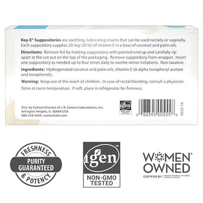 Carlson Key-E Zäpfchen, 30 IE Vitamin E, befeuchtet trockene Stellen, für Frauen und Männer, vaginal & rektal, 12 Stück