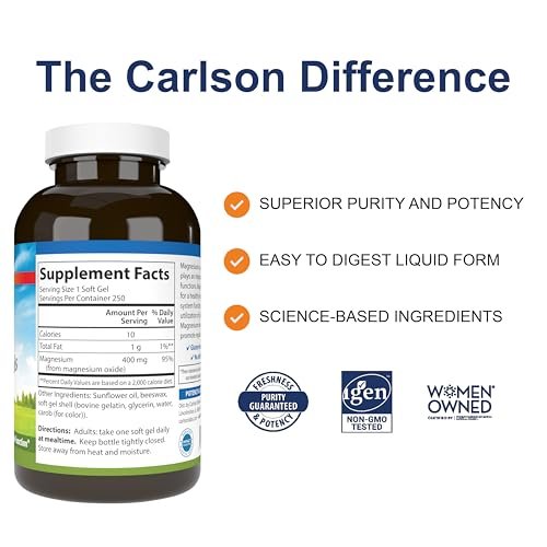 Carlson Magnesium-Gele, 400 mg Magnesium pro Weichkapsel, Herz- und Muskelunterstützung, Magnesium-Gelkapseln, Darmfunktion, Magnesium-Ergänzung, 250 Weichkapseln