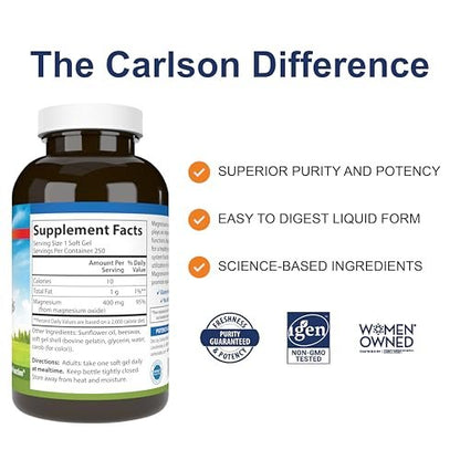 Carlson Magnesium-Gele, 400 mg Magnesium pro Weichkapsel, Herz- und Muskelunterstützung, Magnesium-Gelkapseln, Darmfunktion, Magnesium-Ergänzung, 250 Weichkapseln