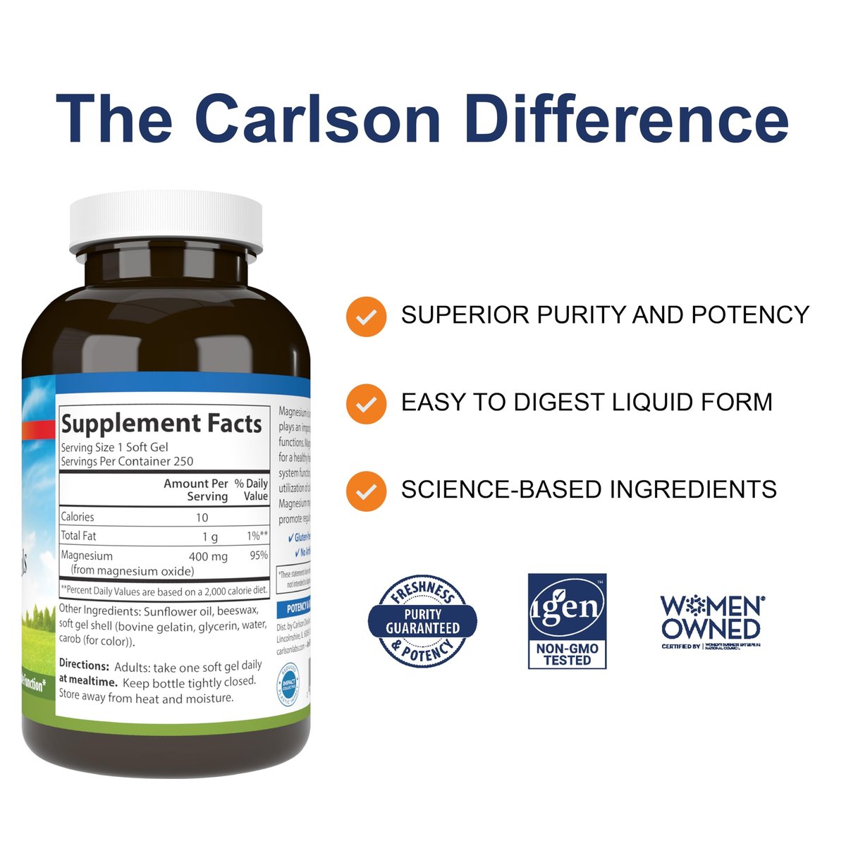 Carlson Magnesium-Gele, 400 mg Magnesium pro Weichkapsel, Herz- und Muskelunterstützung, Magnesium-Gelkapseln, Darmfunktion, Magnesium-Ergänzung, 250 Weichkapseln