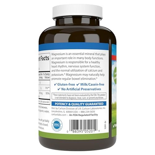 Carlson Magnesium-Gele, 400 mg Magnesium pro Weichkapsel, Herz- und Muskelunterstützung, Magnesium-Gelkapseln, Darmfunktion, Magnesium-Ergänzung, 250 Weichkapseln