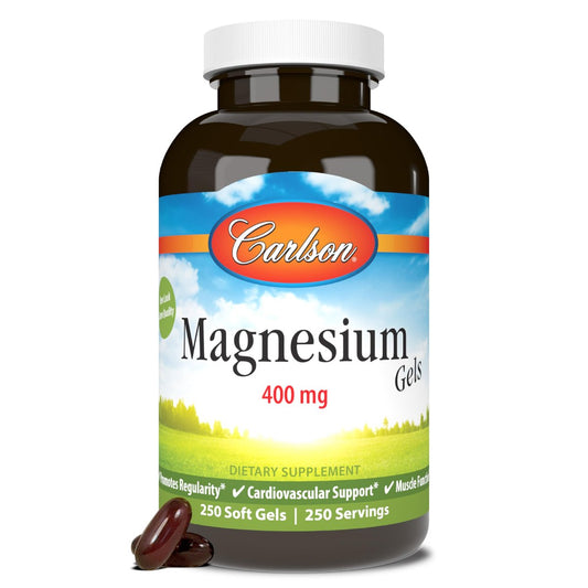Carlson Magnesium-Gele, 400 mg Magnesium pro Weichkapsel, Herz- und Muskelunterstützung, Magnesium-Gelkapseln, Darmfunktion, Magnesium-Ergänzung, 250 Weichkapseln
