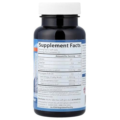 Carlson Super Omega-3 Gems – 1200 mg Omega-3, nachhaltig gefangen, 50 Weichkapseln