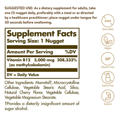 Solgar Methylcobalamin (Vitamin B12) 5000 mcg, 60 Nuggets - Kirschgeschmack - Unterstützt den Energiestoffwechsel - Körperbereite, aktive Form - Non-GMO, Vegan, Glutenfrei - 60 Portionen
