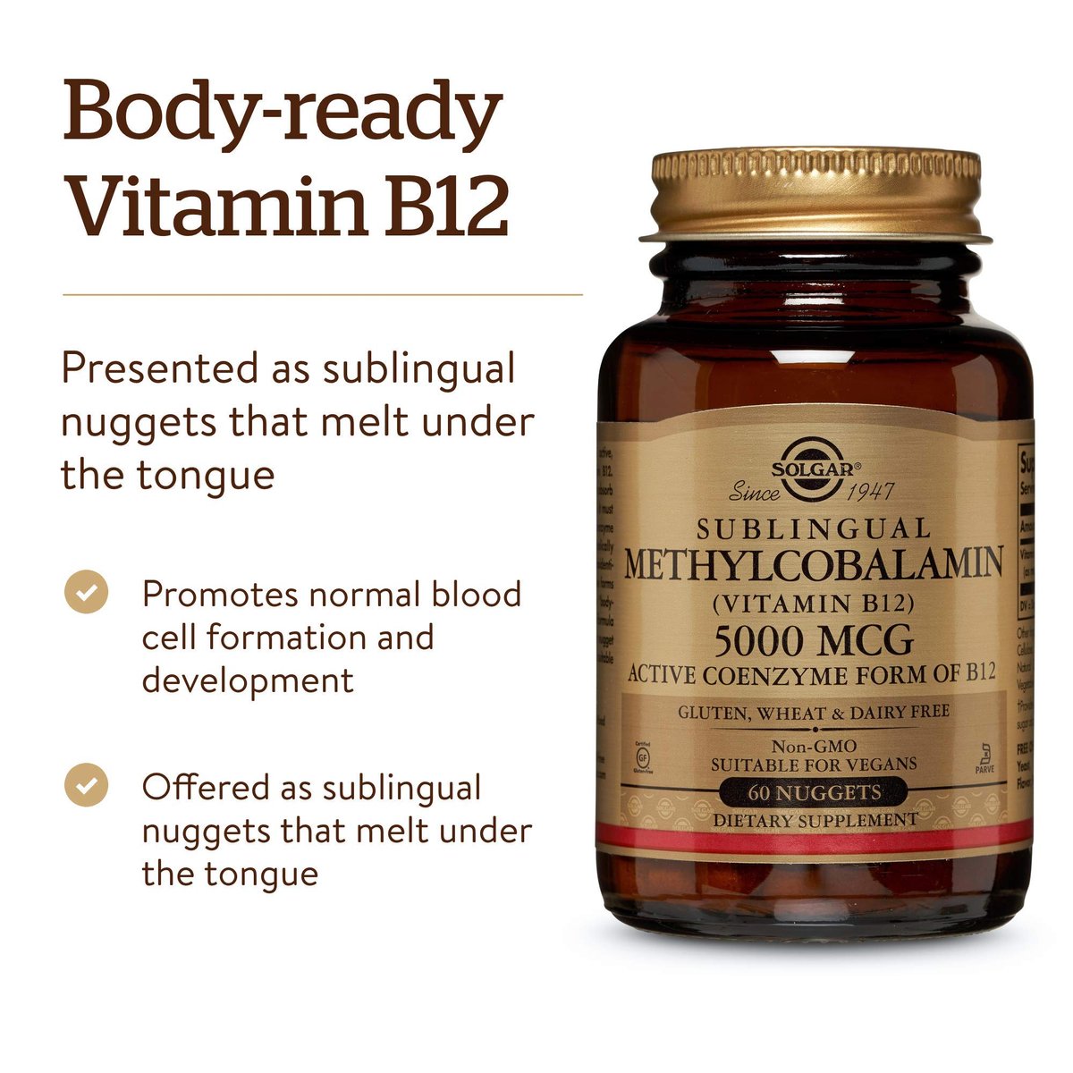 Solgar Methylcobalamin (Vitamin B12) 5000 mcg, 60 Nuggets - Kirschgeschmack - Unterstützt den Energiestoffwechsel - Körperbereite, aktive Form - Non-GMO, Vegan, Glutenfrei - 60 Portionen