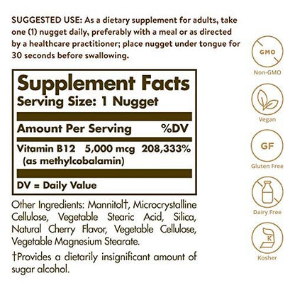 Solgar Methylcobalamin (Vitamin B12) 5000 mcg, 60 Nuggets - Kirschgeschmack - Unterstützt den Energiestoffwechsel - Körperbereite, aktive Form - Non-GMO, Vegan, Glutenfrei - 60 Portionen