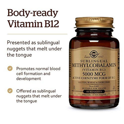 Solgar Methylcobalamin (Vitamin B12) 5000 mcg, 60 Nuggets - Kirschgeschmack - Unterstützt den Energiestoffwechsel - Körperbereite, aktive Form - Non-GMO, Vegan, Glutenfrei - 60 Portionen