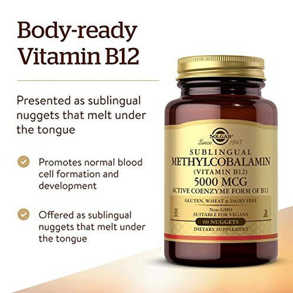 Solgar Methylcobalamin (Vitamin B12) 5000 mcg, 60 Nuggets - Kirschgeschmack - Unterstützt den Energiestoffwechsel - Körperbereite, aktive Form - Non-GMO, Vegan, Glutenfrei - 60 Portionen