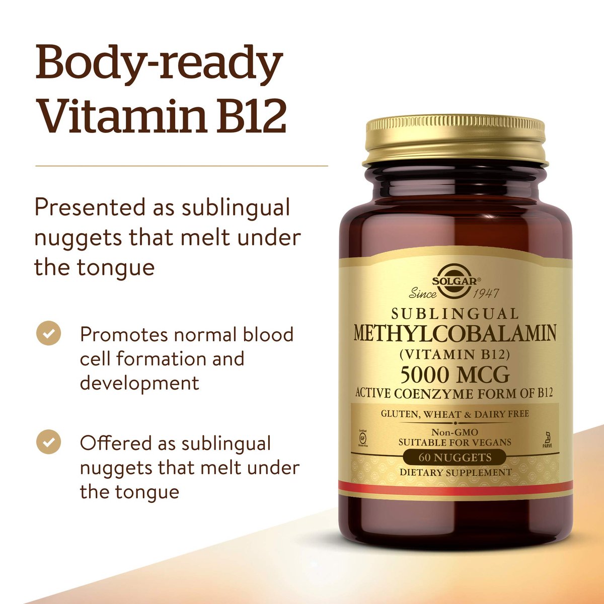 Solgar Methylcobalamin (Vitamin B12) 5000 mcg, 60 Nuggets - Kirschgeschmack - Unterstützt den Energiestoffwechsel - Körperbereite, aktive Form - Non-GMO, Vegan, Glutenfrei - 60 Portionen