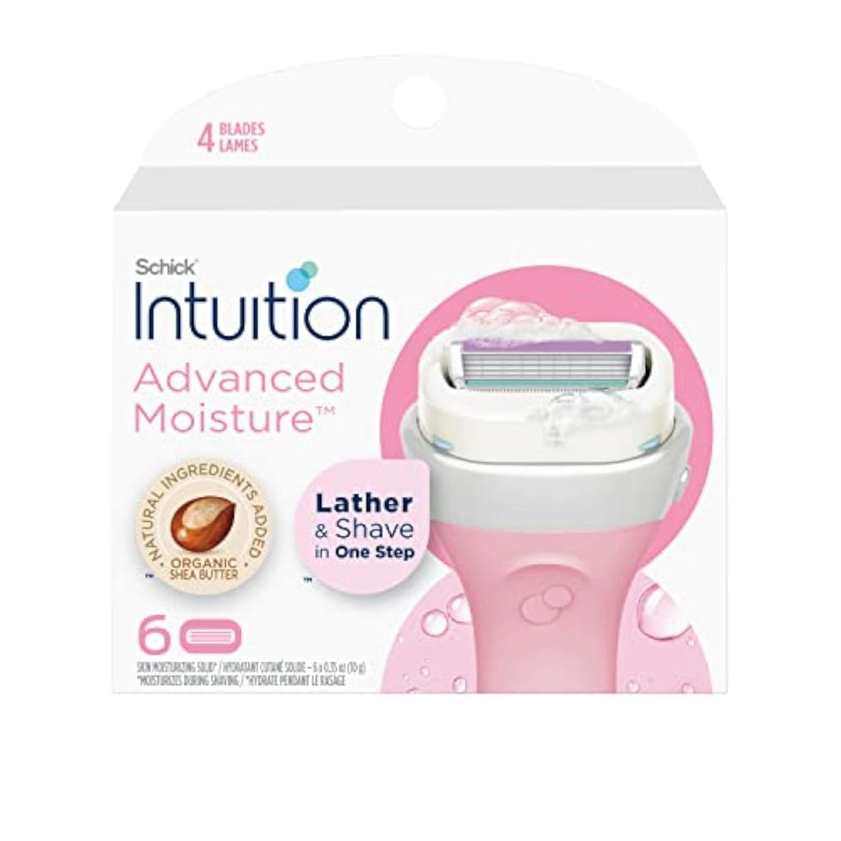 Schick Intuition Nachfüllkartuschen, Advanced Moisture für Damen | Intuition Rasierklingen Nachfüllpackung mit Bio-Sheabutter, 6 Stück (1 Packung)