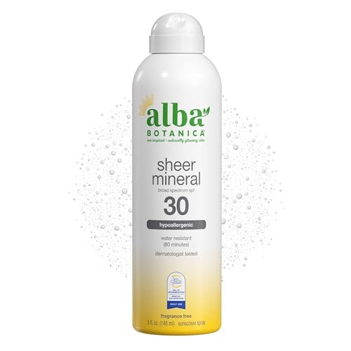 Alba Botanica Sheer Mineral Sonnenschutzspray, LSF 30, Duftfrei, Breitband, Wasserbeständig und Biologisch Abbaubar, 148 ml Flasche