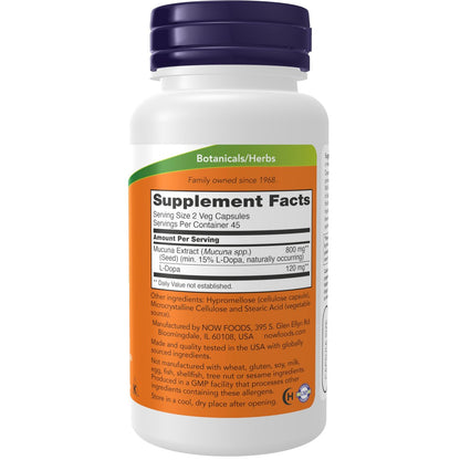 NOW Supplements, DOPA Mucuna, standardisierter Mucuna-Extrakt mit natürlich vorkommenden 15 % L-Dopa, 90 vegane Kapseln