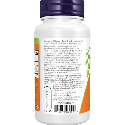 NOW Supplements, DOPA Mucuna, standardisierter Mucuna-Extrakt mit natürlich vorkommenden 15 % L-Dopa, 90 vegane Kapseln