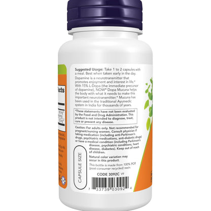 NOW Supplements, DOPA Mucuna, standardisierter Mucuna-Extrakt mit natürlich vorkommenden 15 % L-Dopa, 90 vegane Kapseln