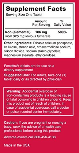 Ferretts Eisen Tabletten 106mg (325mg Eisenfumarat) – 60-Tage-Vorrat Hochdosierte Eisenpräparate für Frauen & Männer, Magenfreundlich, 60 Tabletten