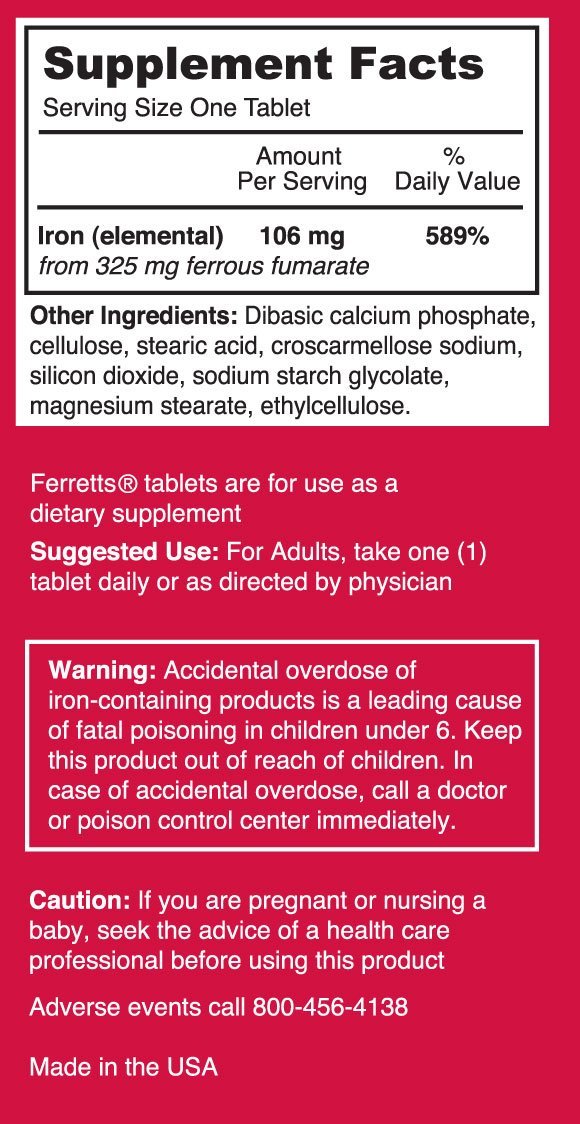 Ferretts Eisen Tabletten 106mg (325mg Eisenfumarat) – 60-Tage-Vorrat Hochdosierte Eisenpräparate für Frauen & Männer, Magenfreundlich, 60 Tabletten