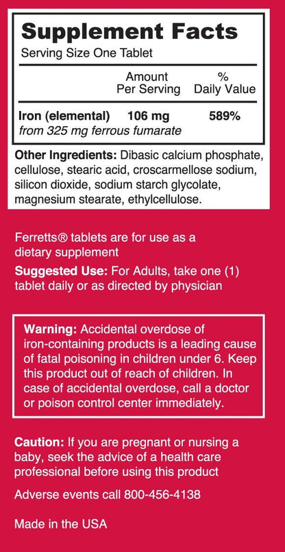 Ferretts Eisen Tabletten 106mg (325mg Eisenfumarat) – 60-Tage-Vorrat Hochdosierte Eisenpräparate für Frauen & Männer, Magenfreundlich, 60 Tabletten