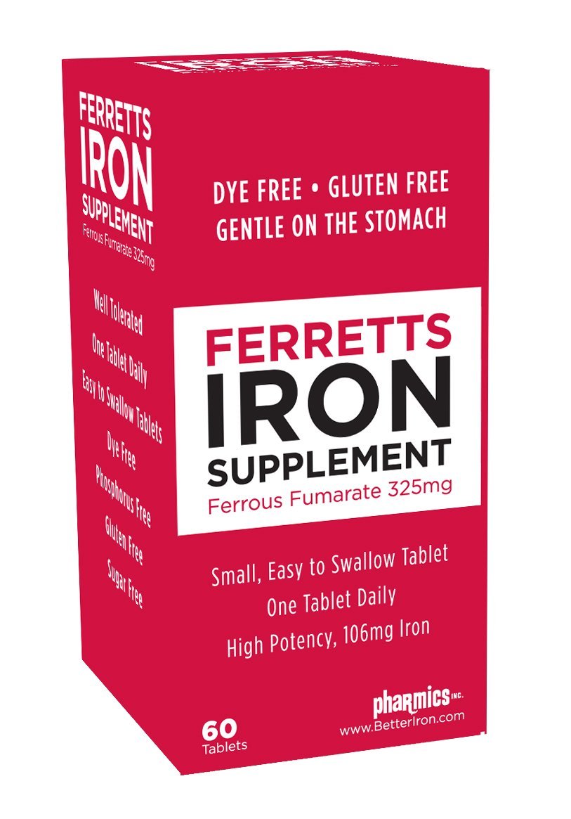 Ferretts Eisen Tabletten 106mg (325mg Eisenfumarat) – 60-Tage-Vorrat Hochdosierte Eisenpräparate für Frauen & Männer, Magenfreundlich, 60 Tabletten