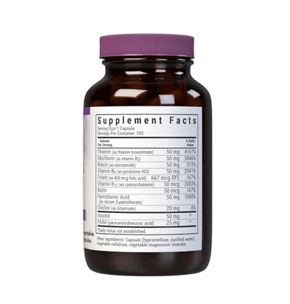Bluebonnet Vitamin B Complex Vollspektrum B-Vitamine – Energieunterstützung – Komplettes Vit B mit Inositol, Biotin, Riboflavin, Folat als Folsäure, Cholin, B6 & B12 – Vegan, Glutenfrei – 100 pflanzliche Kapseln