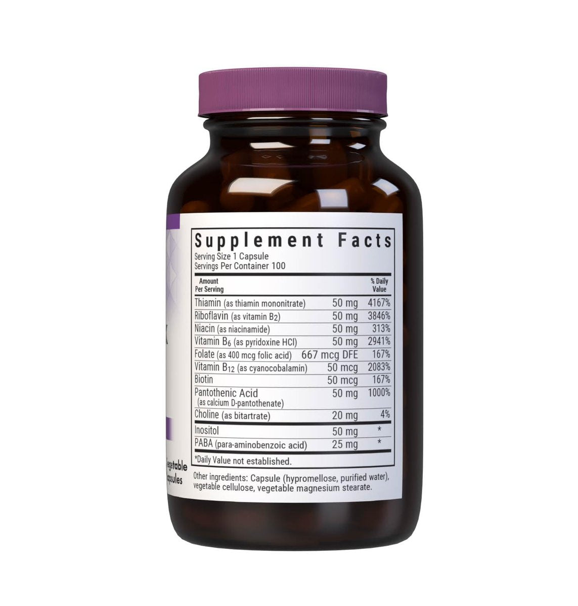 Bluebonnet Vitamin B Complex Vollspektrum B-Vitamine – Energieunterstützung – Komplettes Vit B mit Inositol, Biotin, Riboflavin, Folat als Folsäure, Cholin, B6 & B12 – Vegan, Glutenfrei – 100 pflanzliche Kapseln
