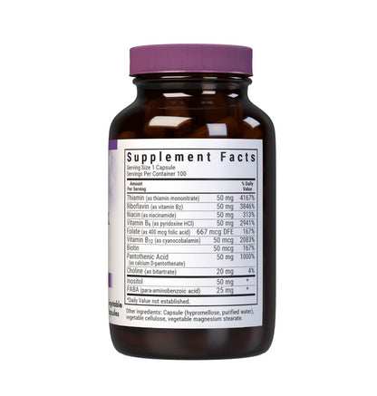 Bluebonnet Vitamin B Complex Vollspektrum B-Vitamine – Energieunterstützung – Komplettes Vit B mit Inositol, Biotin, Riboflavin, Folat als Folsäure, Cholin, B6 & B12 – Vegan, Glutenfrei – 100 pflanzliche Kapseln