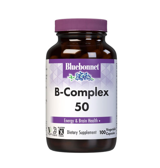 Bluebonnet Vitamin B Complex Vollspektrum B-Vitamine – Energieunterstützung – Komplettes Vit B mit Inositol, Biotin, Riboflavin, Folat als Folsäure, Cholin, B6 & B12 – Vegan, Glutenfrei – 100 pflanzliche Kapseln