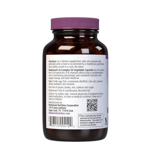 Bluebonnet Vitamin B Complex Vollspektrum B-Vitamine – Energieunterstützung – Komplettes Vit B mit Inositol, Biotin, Riboflavin, Folat als Folsäure, Cholin, B6 & B12 – Vegan, Glutenfrei – 100 pflanzliche Kapseln