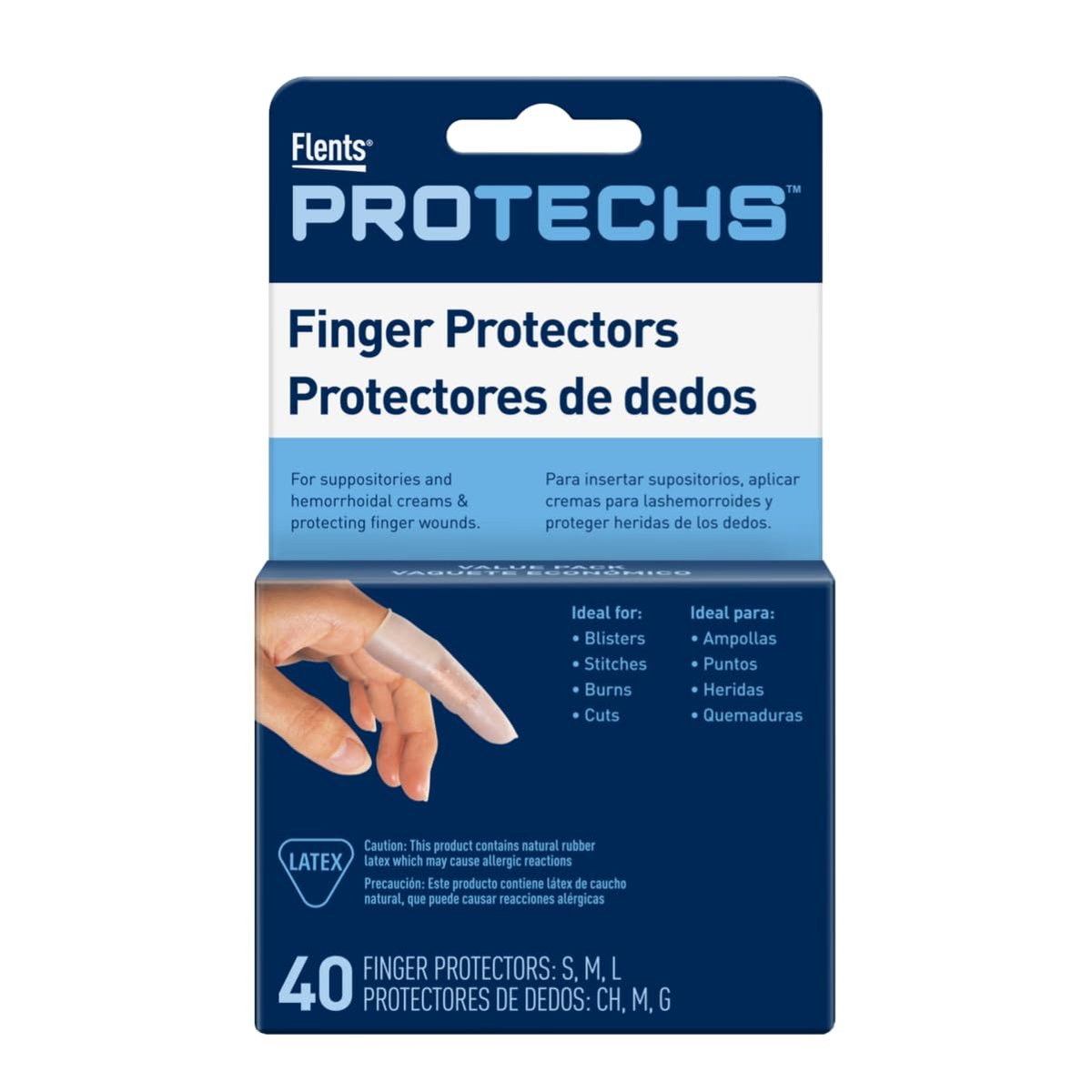 Flents Protechs Fingerkuppenschutz & Zehenkappen – Ideal für Blasen, Schürfwunden, Stiche, Verbrennungen und Schnitte – Feuchtigkeits- und Schmutzundurchlässig – Gummi – Gemischte Größen (S/M/L) – 40 Stück