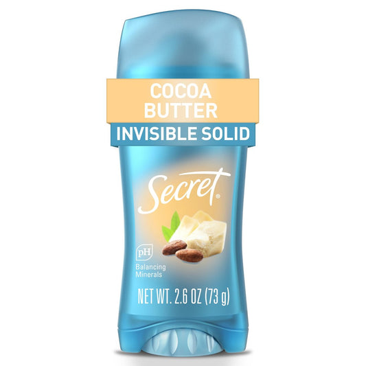 Secret Fresh Antitranspirant Deodorant für Frauen, 72h atmungsaktiver Schweiß- und Geruchsschutz, sofortige Frische & sanfte, pH-ausgleichende Mineralien, unsichtbarer Feststoff, Kakaobutterduft, 2,6 oz
