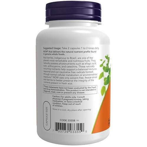 NOW Foods Acai 500 mg – Gefriergetrocknete Superfrucht mit Polyphenolen, Ellagsäure, Rutin, Anthocyanen und Catechinen, 100 vegane Kapseln