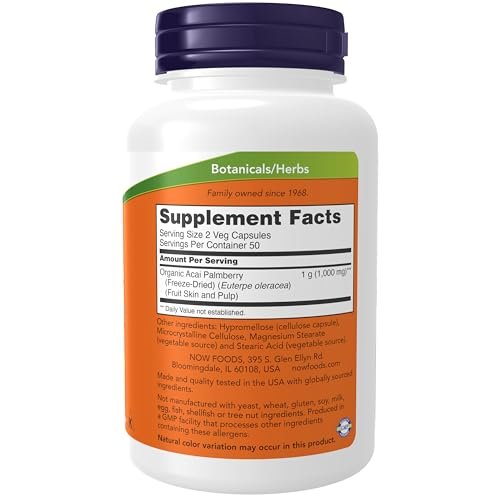 NOW Foods Acai 500 mg – Gefriergetrocknete Superfrucht mit Polyphenolen, Ellagsäure, Rutin, Anthocyanen und Catechinen, 100 vegane Kapseln