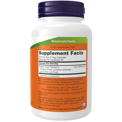 NOW Foods Acai 500 mg – Gefriergetrocknete Superfrucht mit Polyphenolen, Ellagsäure, Rutin, Anthocyanen und Catechinen, 100 vegane Kapseln