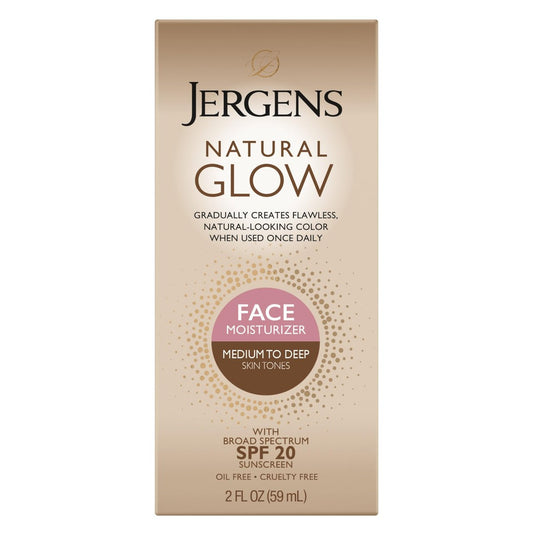 Jergens Natural Glow Selbstbräuner Gesichtsfeuchtigkeitscreme mit SPF 20 Sonnenschutz, mittlere bis dunkle Hauttöne, ölfrei, 60 ml