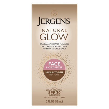 Jergens Natural Glow Selbstbräuner Gesichtsfeuchtigkeitscreme mit SPF 20 Sonnenschutz, mittlere bis dunkle Hauttöne, ölfrei, 60 ml